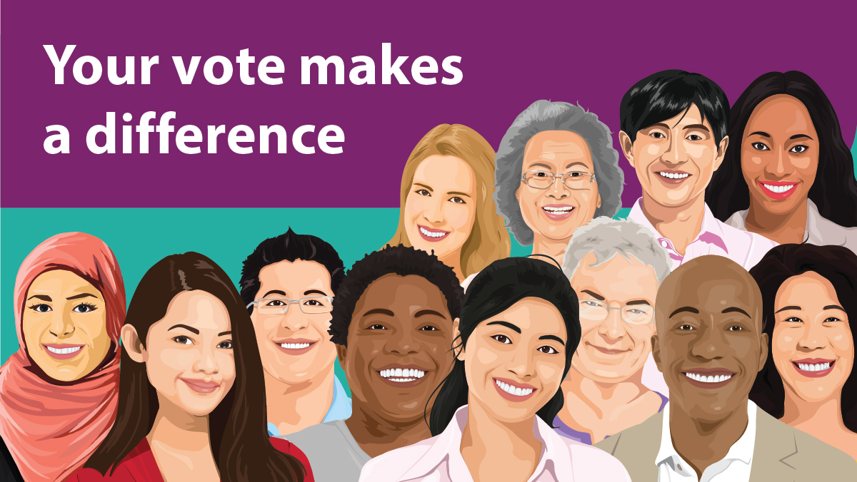 Your vote makes a difference lettering on purple background with many smiling people